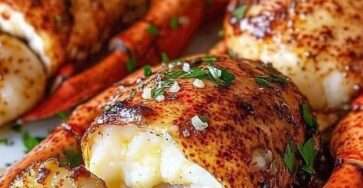 Assiette élégante de queues de langouste et Saint-Jacques dorées, nappées de beurre citronné avec persil frais et citron en garniture.