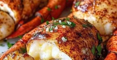 Assiette élégante de queues de langouste et Saint-Jacques dorées, nappées de beurre citronné avec persil frais et citron en garniture.