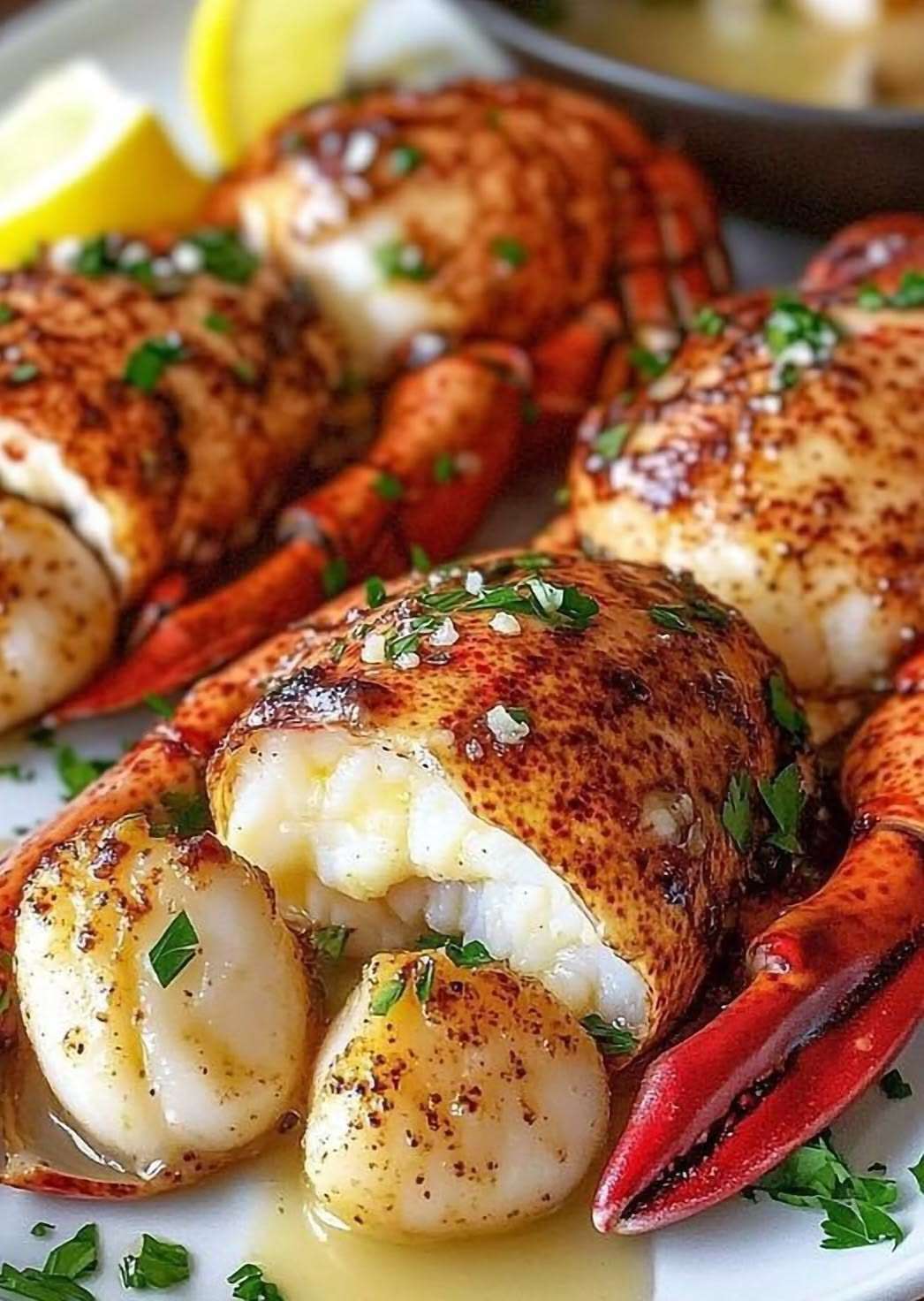 Assiette élégante de queues de langouste et Saint-Jacques dorées, nappées de beurre citronné avec persil frais et citron en garniture.