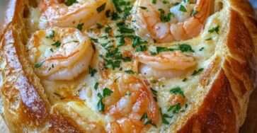 Pain farci croustillant garni de crevettes crémeuses au fromage fondu, gratiné au four avec persil frais et texture dorée appétissante.