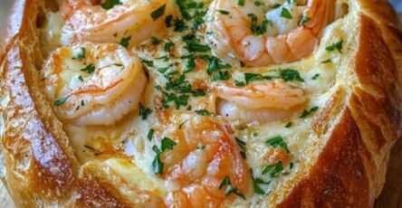 Pain farci croustillant garni de crevettes crémeuses au fromage fondu, gratiné au four avec persil frais et texture dorée appétissante.