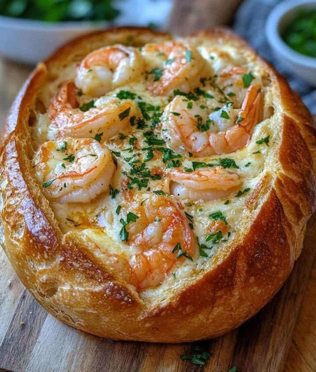 Pain farci croustillant garni de crevettes crémeuses au fromage fondu, gratiné au four avec persil frais et texture dorée appétissante.