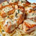 Assiette de pâtes crémeuses au saumon grillé avec sauce au fromage fondue, morceaux de saumon dorés et persil frais en finition.