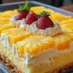 Gâteau ananas moelleux garni de chantilly légère, décoré de tranches d’ananas juteuses et de fraises fraîches sur le dessus.