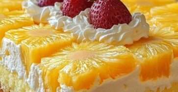 Gâteau ananas moelleux garni de chantilly légère, décoré de tranches d’ananas juteuses et de fraises fraîches sur le dessus.