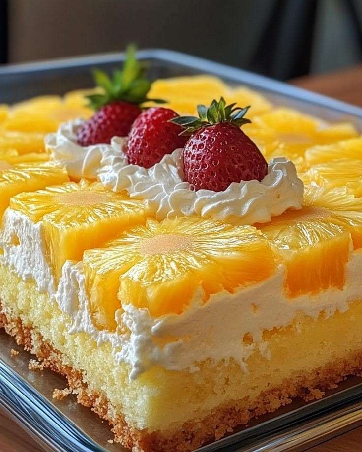 Gâteau ananas moelleux garni de chantilly légère, décoré de tranches d’ananas juteuses et de fraises fraîches sur le dessus.