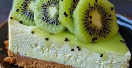 Cheesecake au kiwi sans cuisson avec base biscuitée croustillante, crème onctueuse et tranches de kiwi brillantes nappées de coulis fruité.