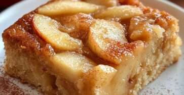 Gâteau moelleux aux pommes fondantes et cannelle, légèrement doré avec tranches de pommes caramélisées sur le dessus.