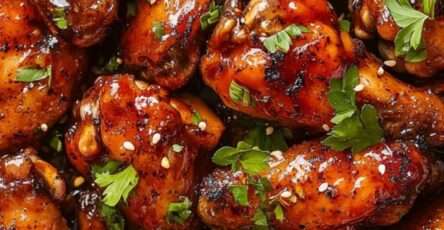 Ailes de poulet croustillantes nappées de sauce caramélisée miel soja, brillantes et parsemées de graines de sésame et herbes fraîches.