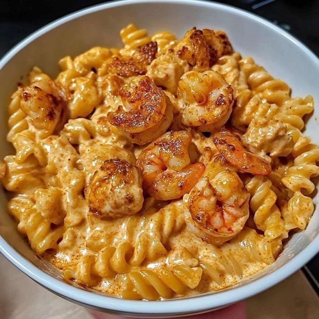 Assiette de pâtes crémeuses avec morceaux de poulet doré et crevettes, nappées d’une sauce épicée au fromage, texture onctueuse et appétissante.