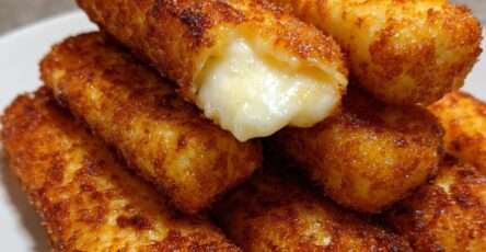 Bâtonnets croustillants au fromage dorés à l’air fryer, avec cœur fondant, disposés sur une assiette avec texture croustillante visible.