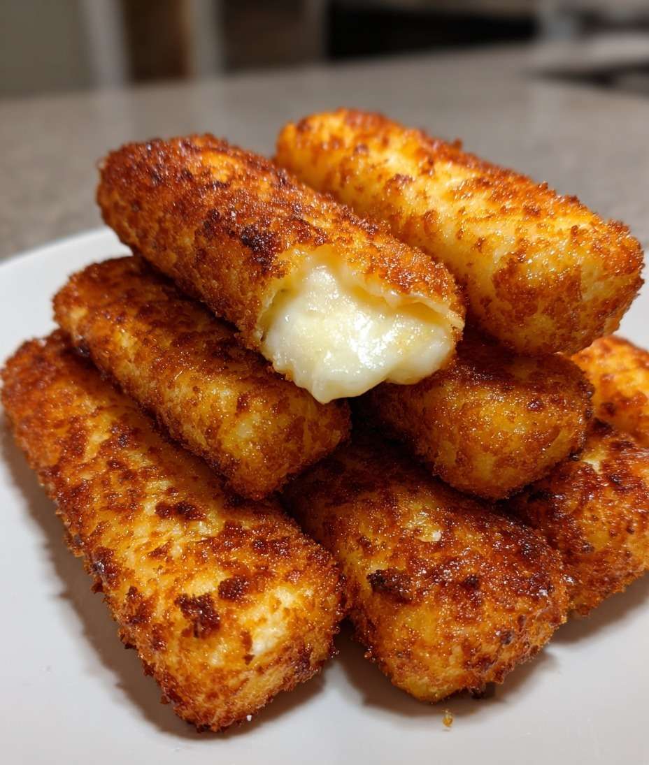 Bâtonnets croustillants au fromage dorés à l’air fryer, avec cœur fondant, disposés sur une assiette avec texture croustillante visible.