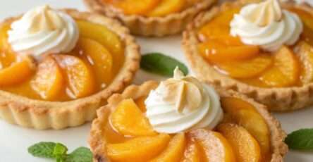 Tartelettes aux pêches de crème légère au yaourt et décorées de lamelles de pêches fraîches, avec un filet de miel en finition.