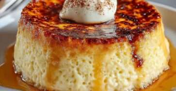 Flan du boulanger crémeux avec surface dorée légèrement caramélisée et texture fondante, servi en parts épaisses sur une assiette.