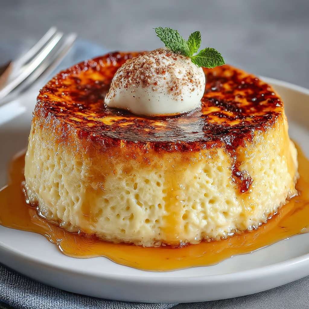 Flan du boulanger crémeux avec surface dorée légèrement caramélisée et texture fondante, servi en parts épaisses sur une assiette.