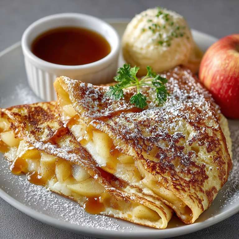crêpes aux pommes fondantes légèrement caramélisées, saupoudrées de sucre glace et servies avec un filet de miel.