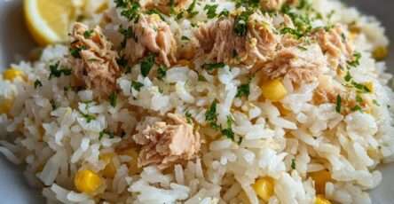 Assiette de riz au thon, maïs et citron avec persil frais ciselé, servie dans un bol clair pour un repas rapide et léger.