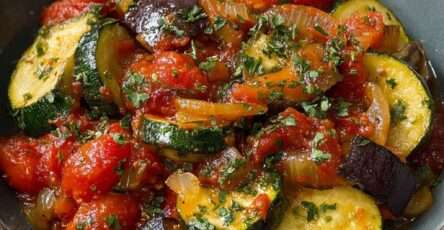 Ratatouille express à la sauce tomate avec courgettes, aubergines et tomates mijotées, servie chaude avec des herbes fraîches.