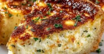 Quiche soufflée au fromage dorée et gonflée avec une texture aérienne et moelleuse, servie en parts sur une assiette.