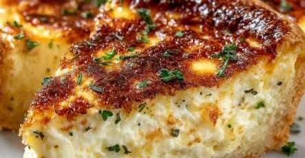 Quiche soufflée au fromage dorée et gonflée avec une texture aérienne et moelleuse, servie en parts sur une assiette.