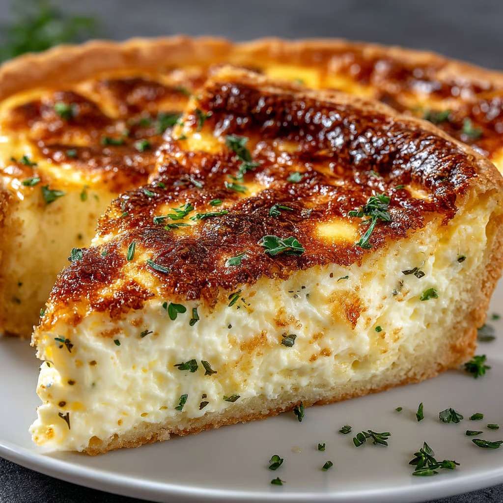 Quiche soufflée au fromage dorée et gonflée avec une texture aérienne et moelleuse, servie en parts sur une assiette.