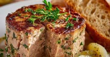 Pâté de campagne à l’ancienne tranché avec texture fondante, croûte dorée et herbes visibles, servi sur une planche rustique.