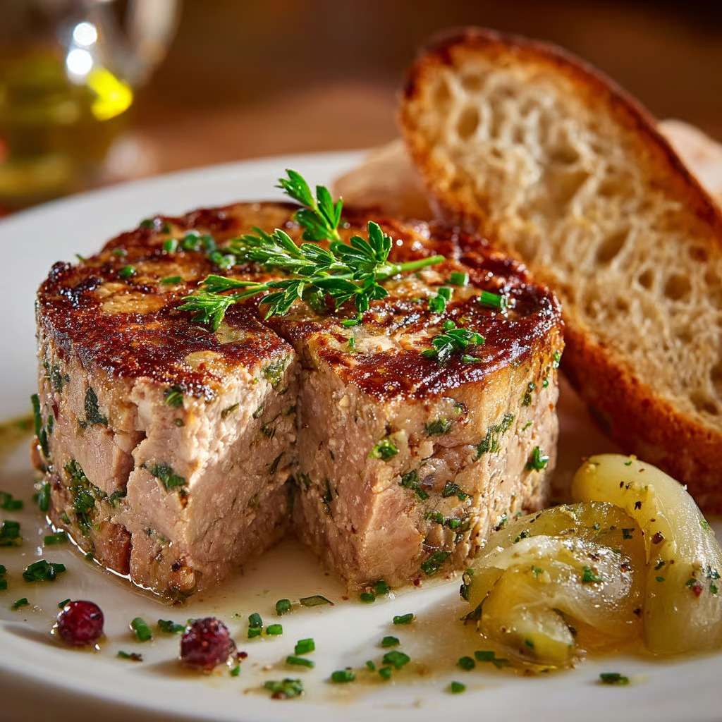 Pâté de campagne à l’ancienne tranché avec texture fondante, croûte dorée et herbes visibles, servi sur une planche rustique.