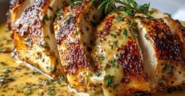 Blanc de poulet dorés à la poêle nappés d’une sauce crémeuse au miel et à la moutarde, servis chauds dans une assiette avec une garniture maison.