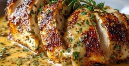 Blanc de poulet dorés à la poêle nappés d’une sauce crémeuse au miel et à la moutarde, servis chauds dans une assiette avec une garniture maison.