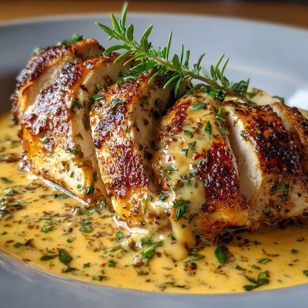 Blanc de poulet dorés à la poêle nappés d’une sauce crémeuse au miel et à la moutarde, servis chauds dans une assiette avec une garniture maison.