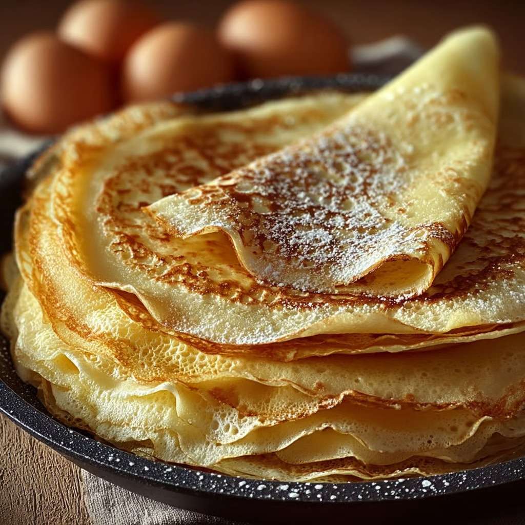 Pâte à crêpes fines et dorées empilées, préparées maison, avec une texture légère et moelleuse, servies pour un goûter gourmand.