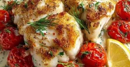 Filets de cabillaud dorés nappés d’une sauce crémeuse au citron, accompagnés de tomates cerises rôties et d’herbes fraîches dans une assiette élégante.