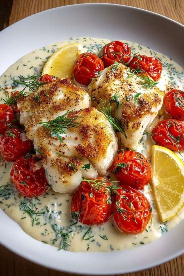 Filets de cabillaud dorés nappés d’une sauce crémeuse au citron, accompagnés de tomates cerises rôties et d’herbes fraîches dans une assiette élégante.