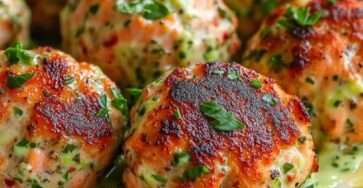 Boulettes de saumon dorées au four servies avec une crème d’avocat onctueuse et citronnée, dressées avec des herbes fraîches dans une assiette moderne.