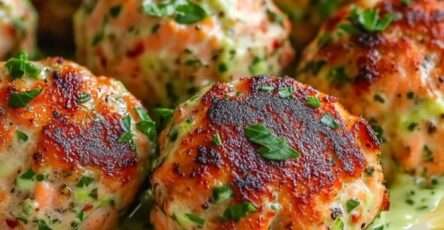 Boulettes de saumon dorées au four servies avec une crème d’avocat onctueuse et citronnée, dressées avec des herbes fraîches dans une assiette moderne.