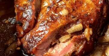 Rouelle de porc mijotée longuement avec des oignons caramélisés et une sauce brune onctueuse, servie en morceaux fondants dans une assiette rustique.