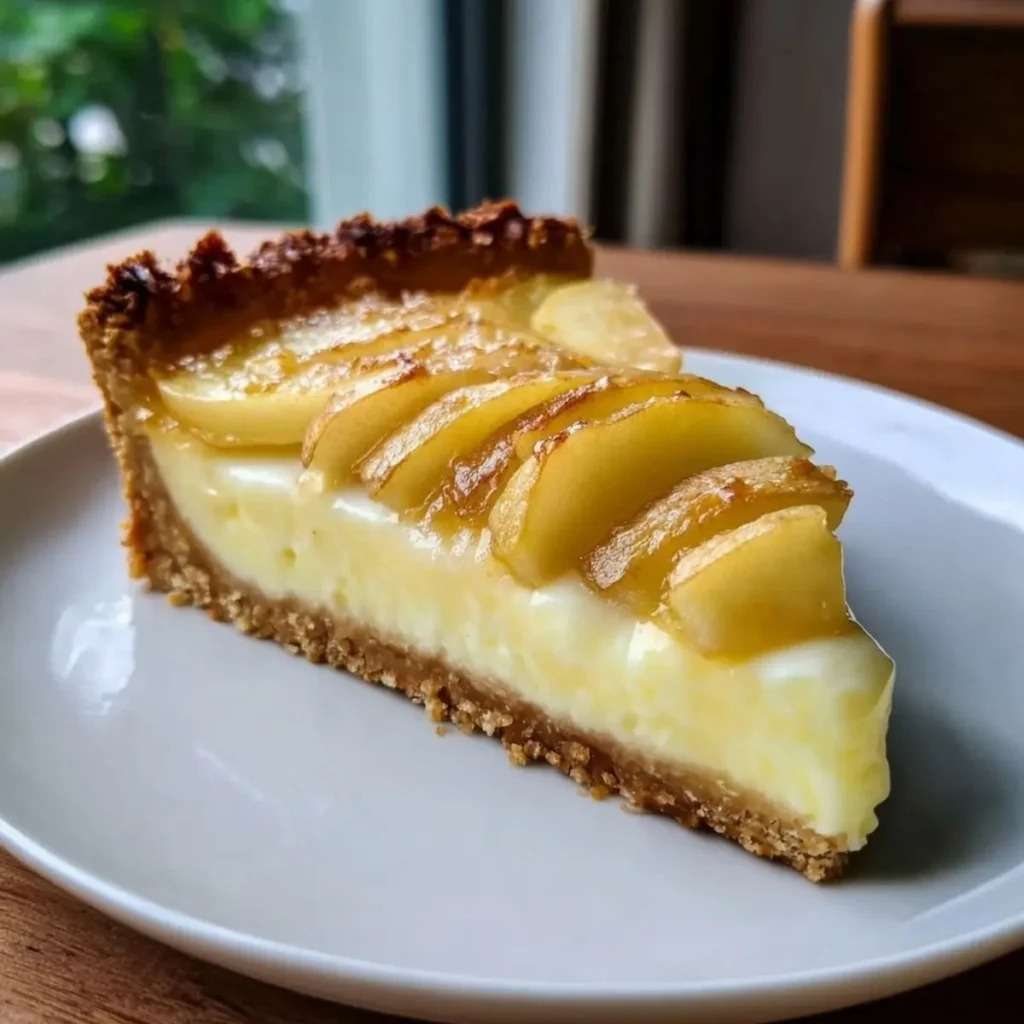 Tarte aux pommes et mascarpone dorée avec fines tranches de pommes disposées en rosace sur une crème onctueuse, servie sur une pâte sablée croustillante.