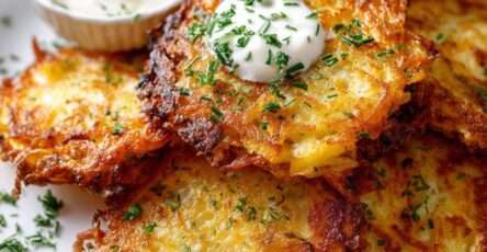 Galettes de pommes de terre dorées et croustillantes servies chaudes avec une crème aux herbes, présentées dans une assiette rustique.