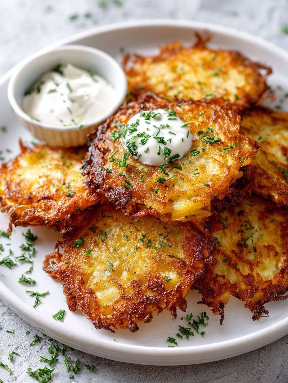 Galettes de pommes de terre dorées et croustillantes servies chaudes avec une crème aux herbes, présentées dans une assiette rustique.