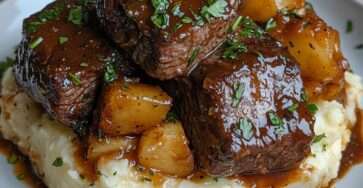 Assiette de bœuf fondant mijoté dans une sauce brune onctueuse, servi avec une purée maison crémeuse et des cubes de pommes de terre, parsemé de persil frais.