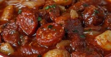 Ragoût rustique au chorizo avec pommes de terre fondantes, carottes et sauce tomate épaisse, servi chaud dans une cocotte avec persil frais.