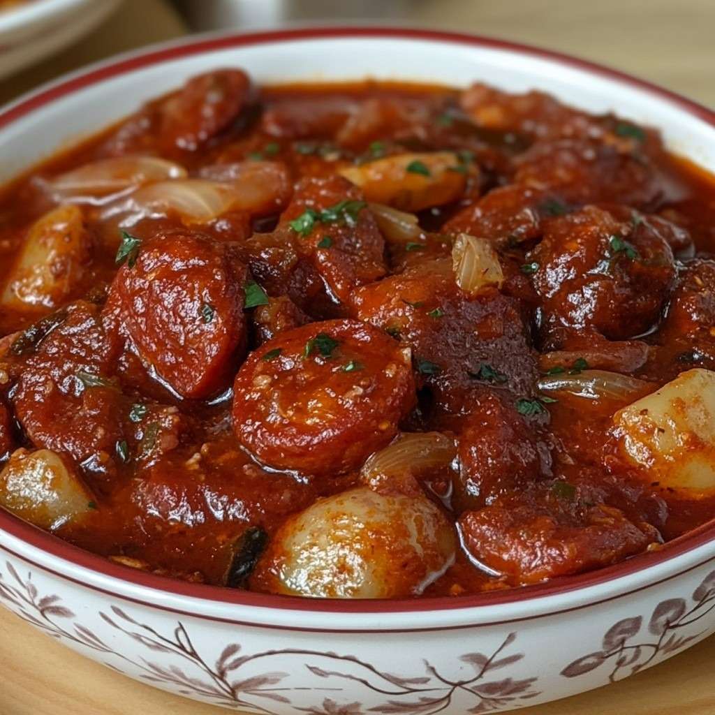 Ragoût rustique au chorizo avec pommes de terre fondantes, carottes et sauce tomate épaisse, servi chaud dans une cocotte avec persil frais.