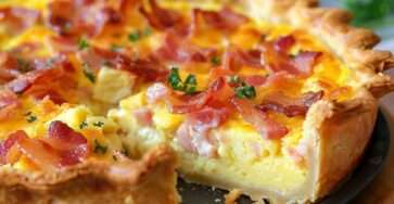 Quiche économique aux lardons dorée au four, avec pâte brisée croustillante et appareil crémeux, servie en parts avec une texture fondante.