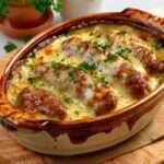 Andouillette gratinée au four avec fromage doré et sauce à la moutarde, servie chaude dans un plat à gratin avec une texture fondante et croustillante.