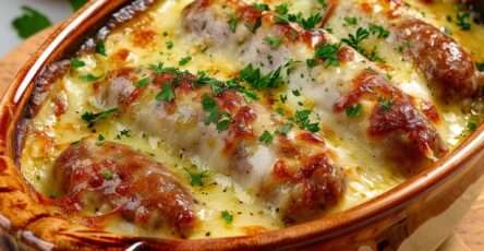 Andouillette gratinée au four avec fromage doré et sauce à la moutarde, servie chaude dans un plat à gratin avec une texture fondante et croustillante.