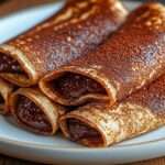 Crêpes roulées au chocolat garnies de pâte à tartiner, coupées en deux et saupoudrées de sucre glace, avec une texture moelleuse et un aspect gourmand.