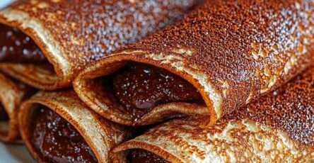 Crêpes roulées au chocolat garnies de pâte à tartiner, coupées en deux et saupoudrées de sucre glace, avec une texture moelleuse et un aspect gourmand.