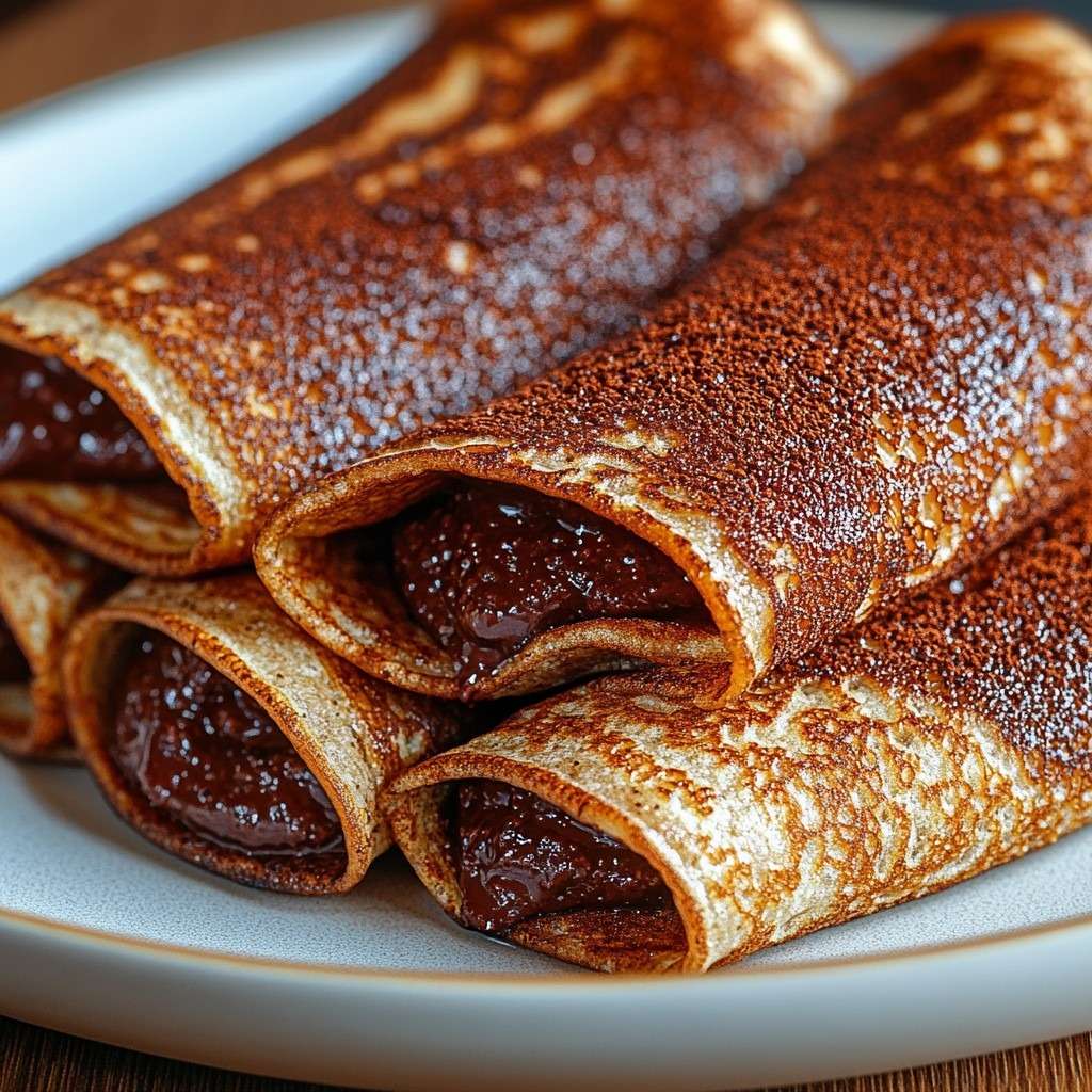 Crêpes roulées au chocolat garnies de pâte à tartiner, coupées en deux et saupoudrées de sucre glace, avec une texture moelleuse et un aspect gourmand.