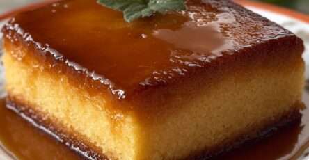 Gâteau au caramel fondant démoulé avec un nappage caramel brillant coulant sur le dessus, texture moelleuse et dorée, servi en parts.