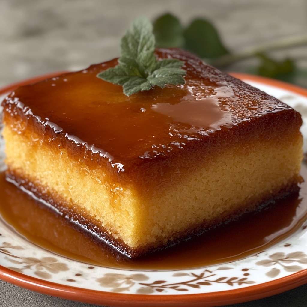 Gâteau au caramel fondant démoulé avec un nappage caramel brillant coulant sur le dessus, texture moelleuse et dorée, servi en parts.